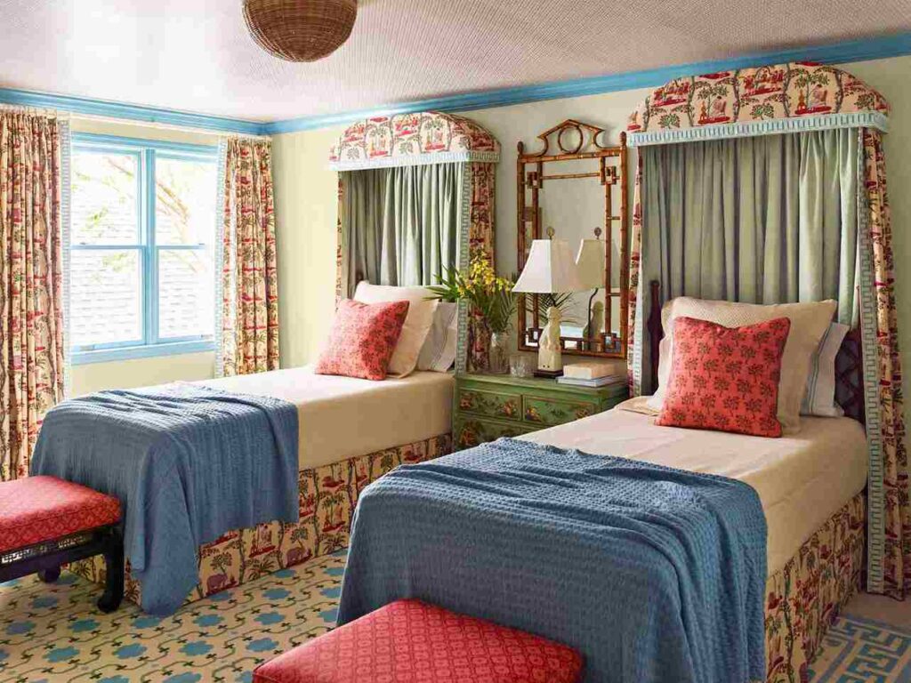 A symmetry twin bed with windows and curtain