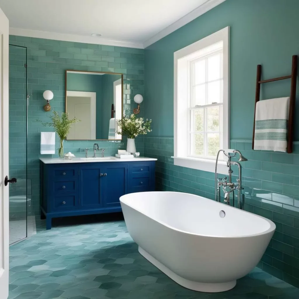 A teal blue bathroom with white bathtub and blue vanity and white windows and mirror on the wall 