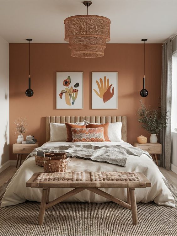 A terracotta bedroom with painting on the wall