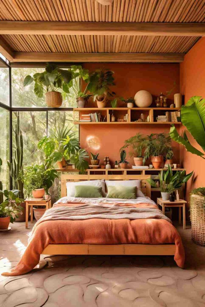 A terracotta bedroom with plants and glass windows and wooden floor