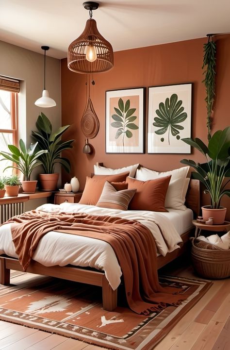 A terracotta bedroom with rug and wooden floor and plants on the bedroom