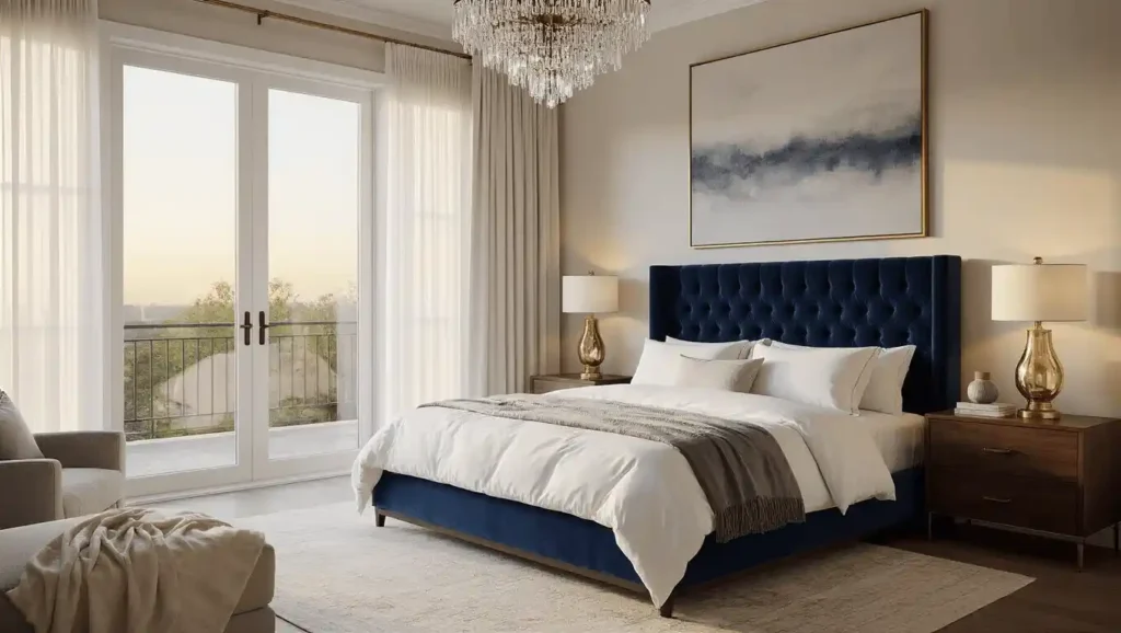 A bedroom with blue bed and white blanket and pillow and wooden floor 