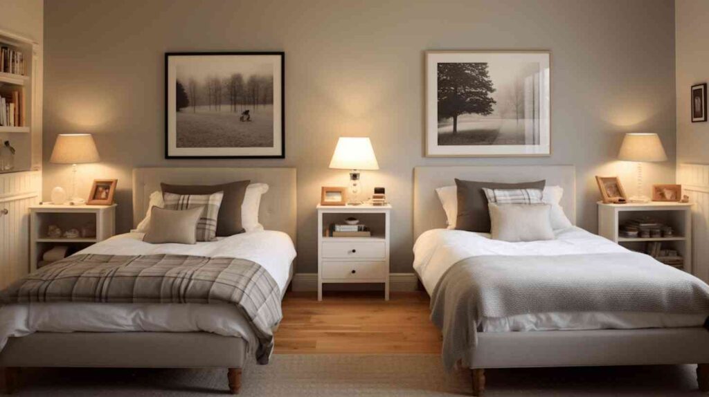 A bedroom with two beds and lamp on the side and shared nightstand and wooden floor and painting on the floor 