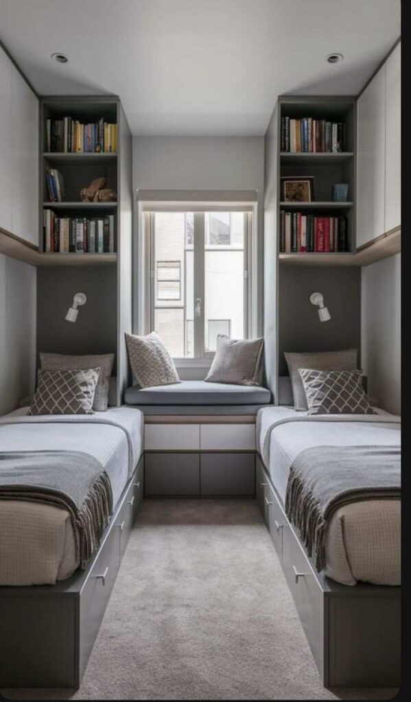 A two bedroom with built shelves with light on the wall and window