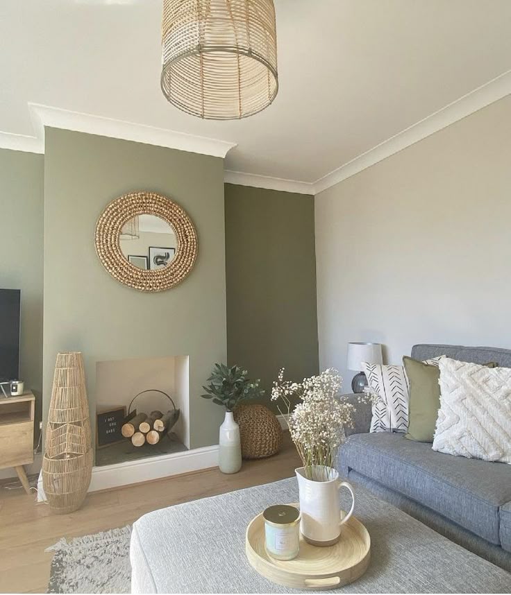 A two tone living room with wooden floor and mirror on the wall 
