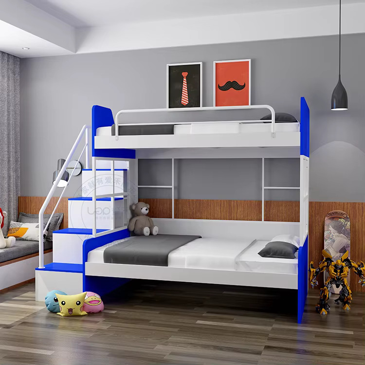 A blue and white bed and grey wall and wooden panel