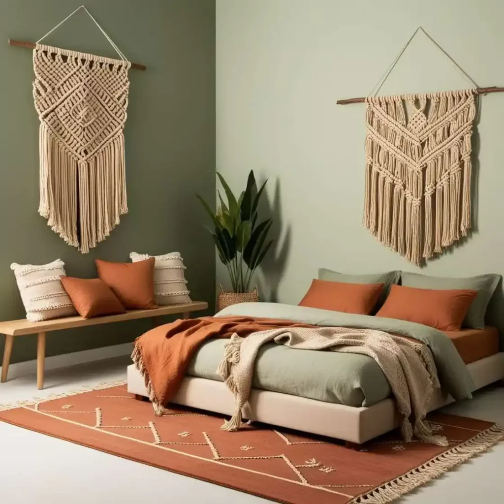 A two tone wall bedroom with plant in the corner and wooden floor and rug on it