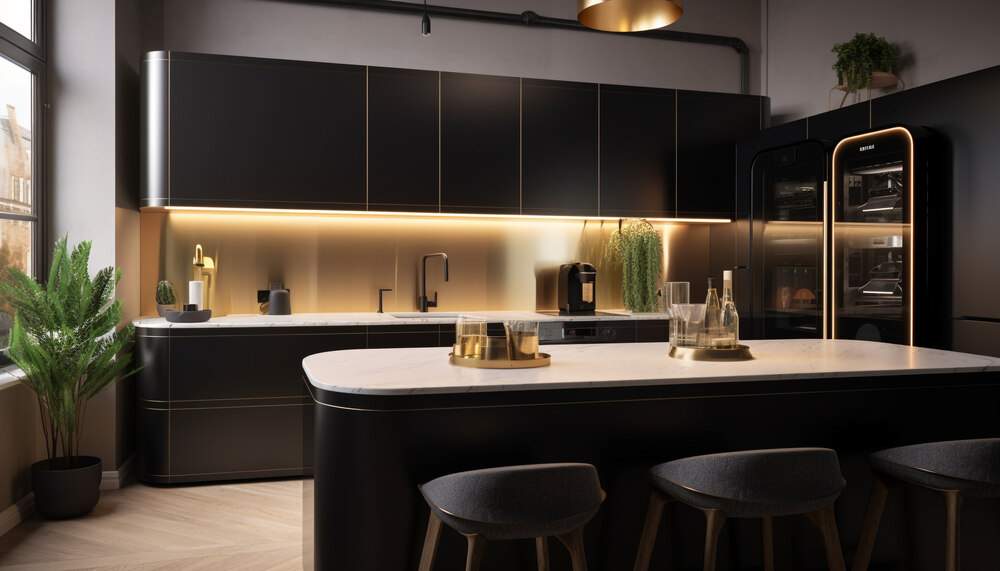 A black kitchen with under cabinet light and gold accents 