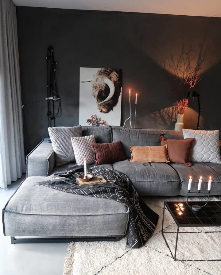 A black living room with grey sofa and rug on the floor 