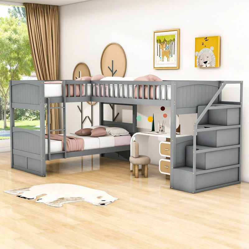 A (L) grey loft bed white bedroom and wooden floor 