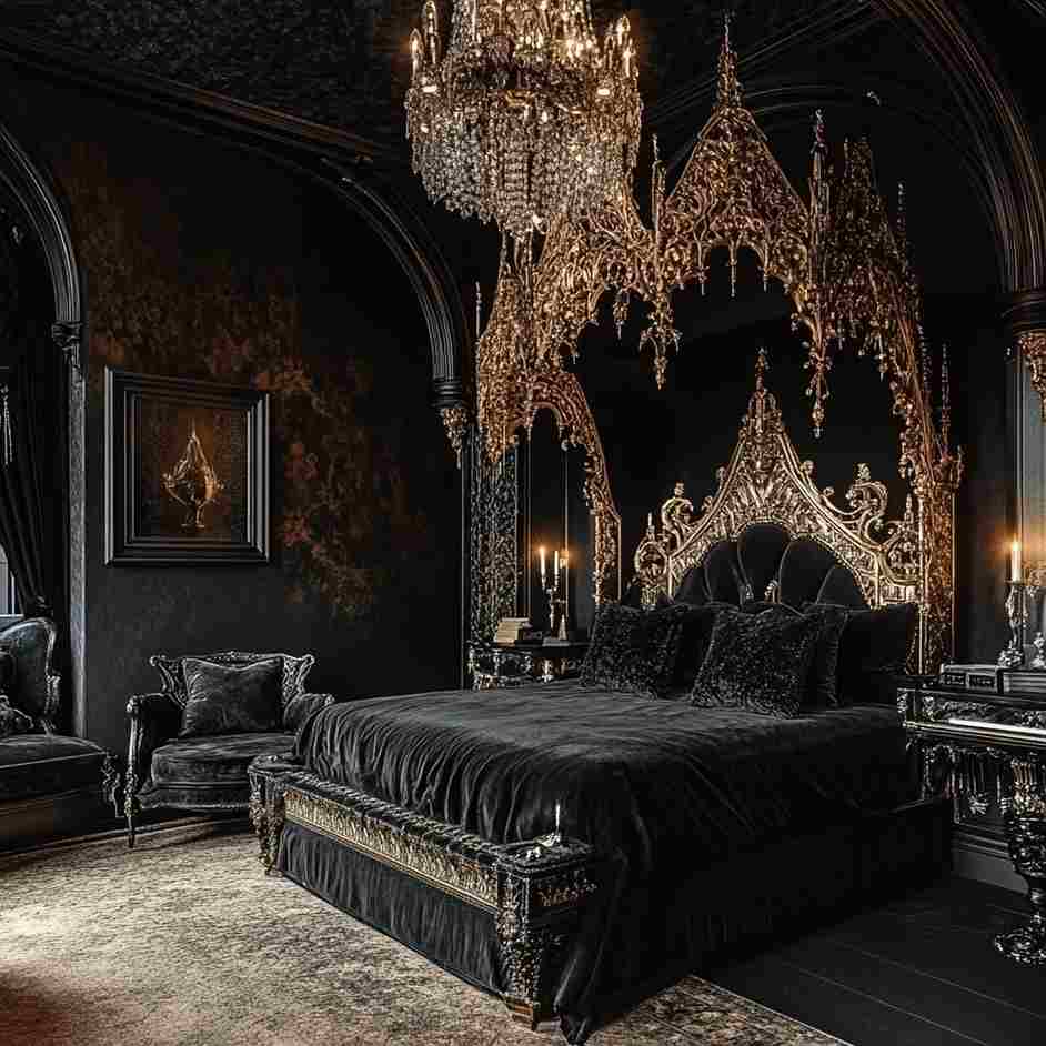A victorian gothic bedroom with gold accents