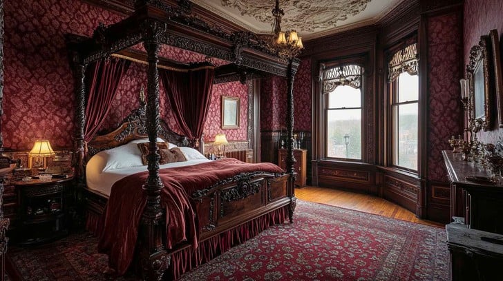 A gothic bedroom with wooden floor and rug on it and lamp on the nightstand