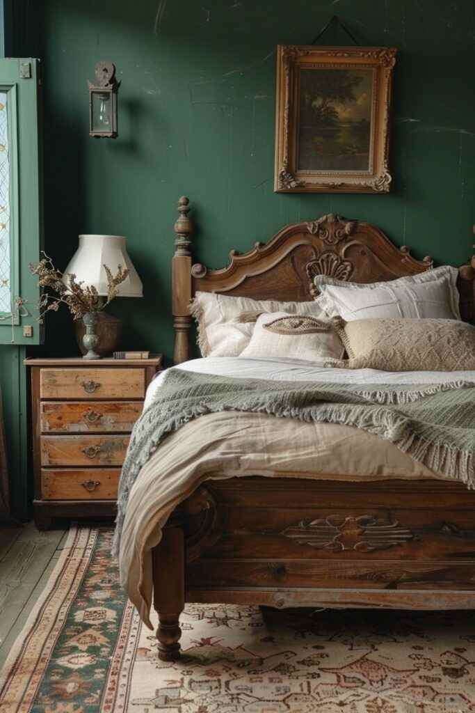 A green bedroom with vintage bed and wooden frame on the wall 