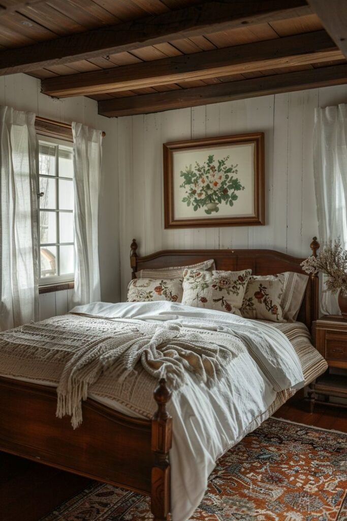 A white bedroom with vintage bed and wooden beams celling