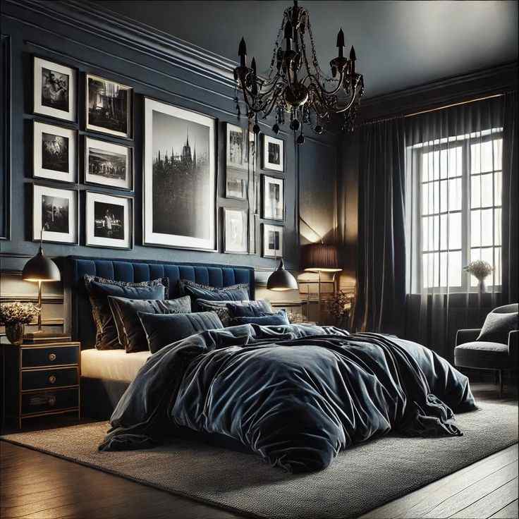A navy blue with wainscoting wall and frames on the wall