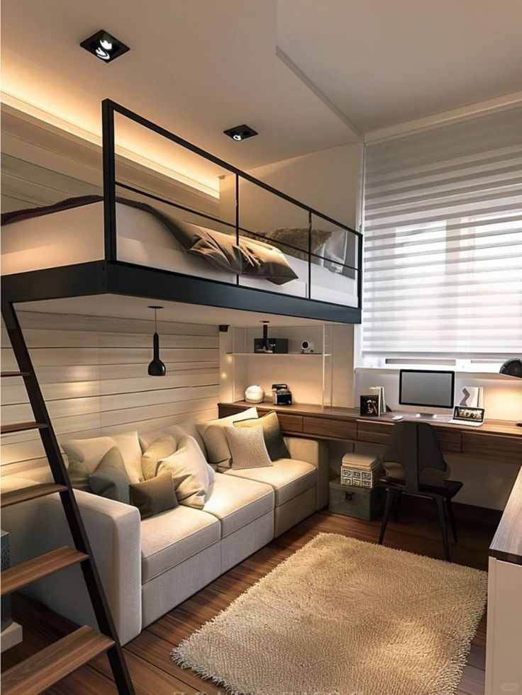 A loft bed with wooden study table and black fixture 