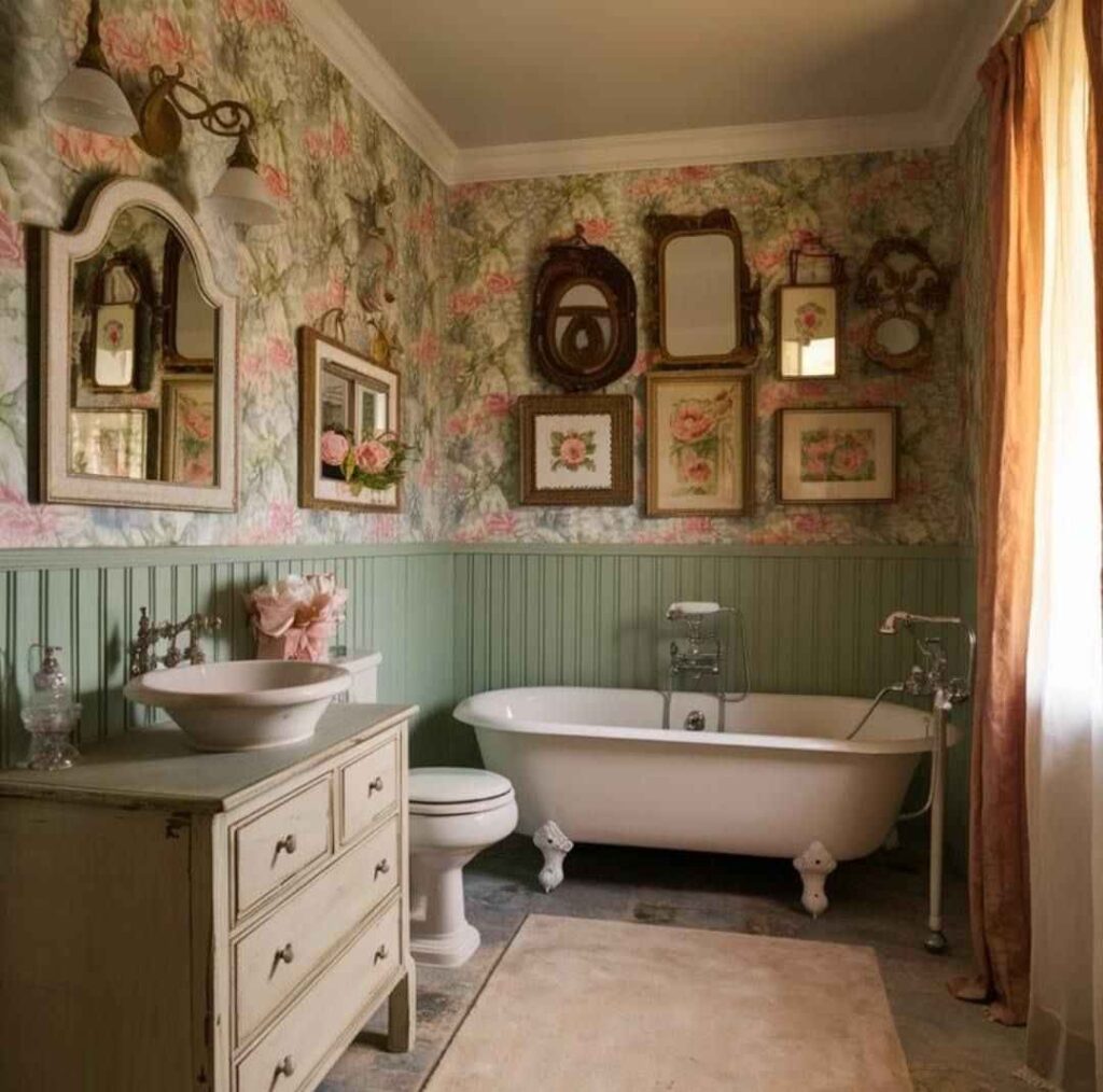 A cottage core bathroom with wallpaper and white bathtub