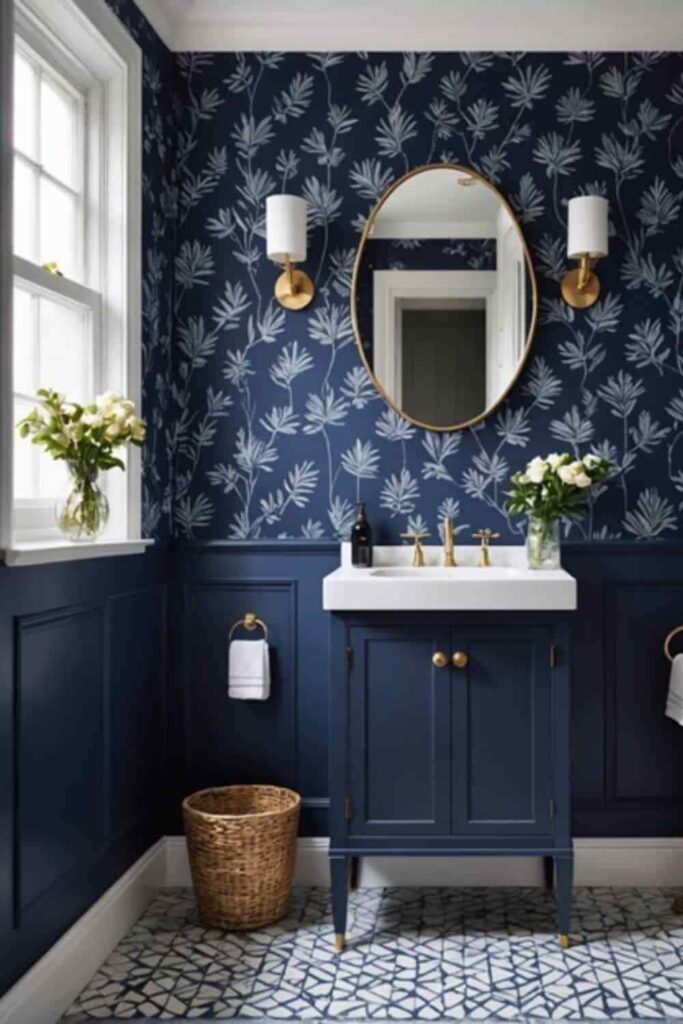 A bathroom with whimsical navy wallpaper and woven baskets and gold fixtures 