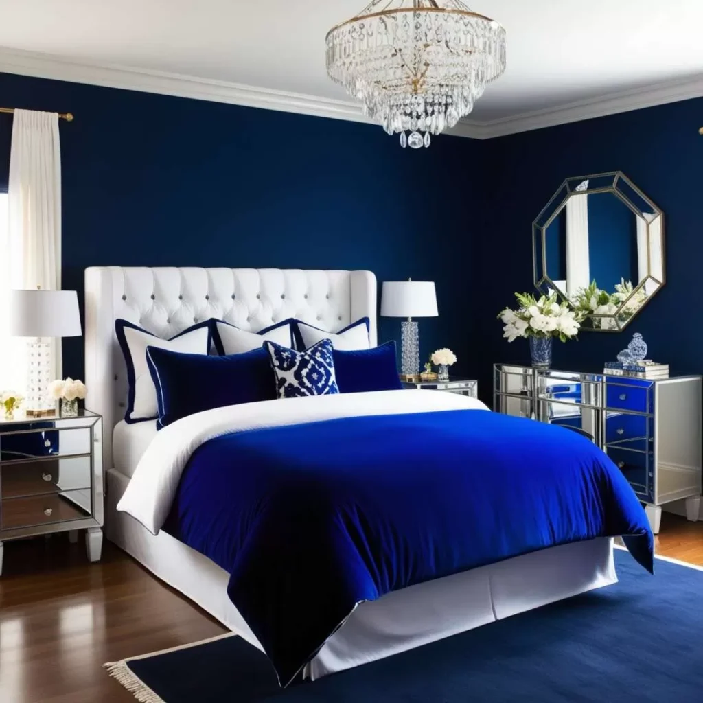 A navy bedroom with white bedding and blue accents and mirror on the wall