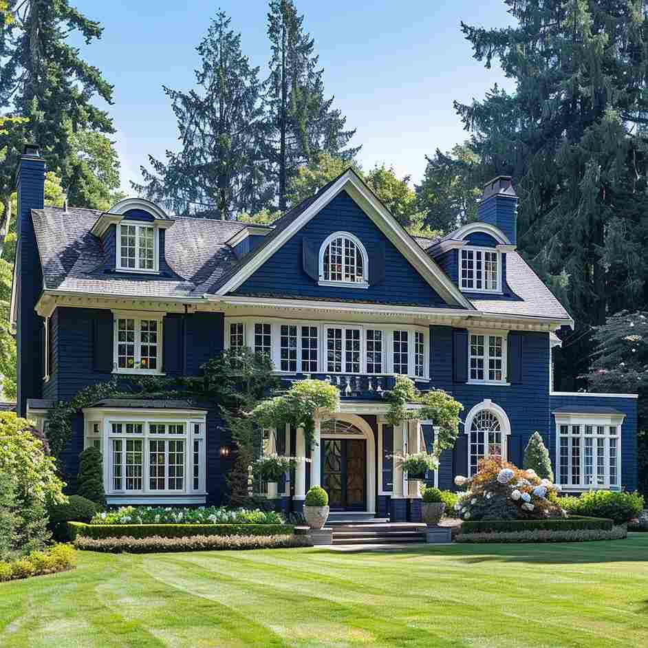 A blue house with white windows and garden outside of the house