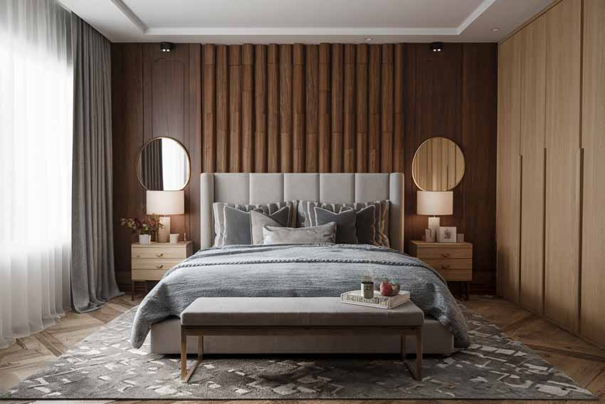 A wooden panel wall and wooden side table and rug on the floor 