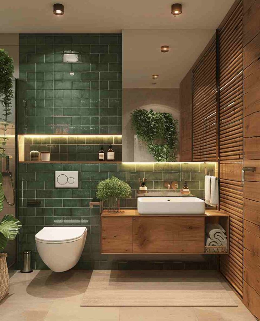 A green bathroom with wooden wall and wooden vanity and white sink