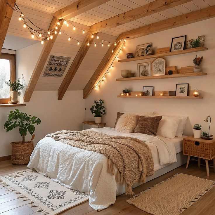A beige bedroom with wooden beams and bed and blankets and pillow and cushion on it