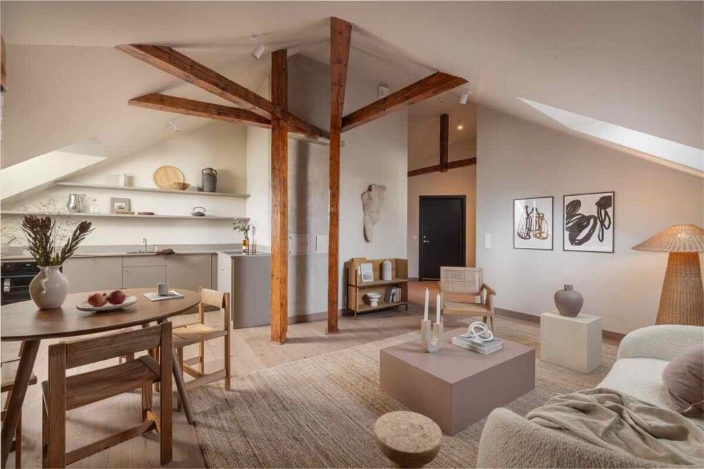A grey living room with wooden beams and painting on the wall