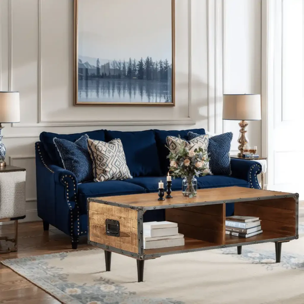 A grey living room with wooden table with blue sofa and rug on the floor