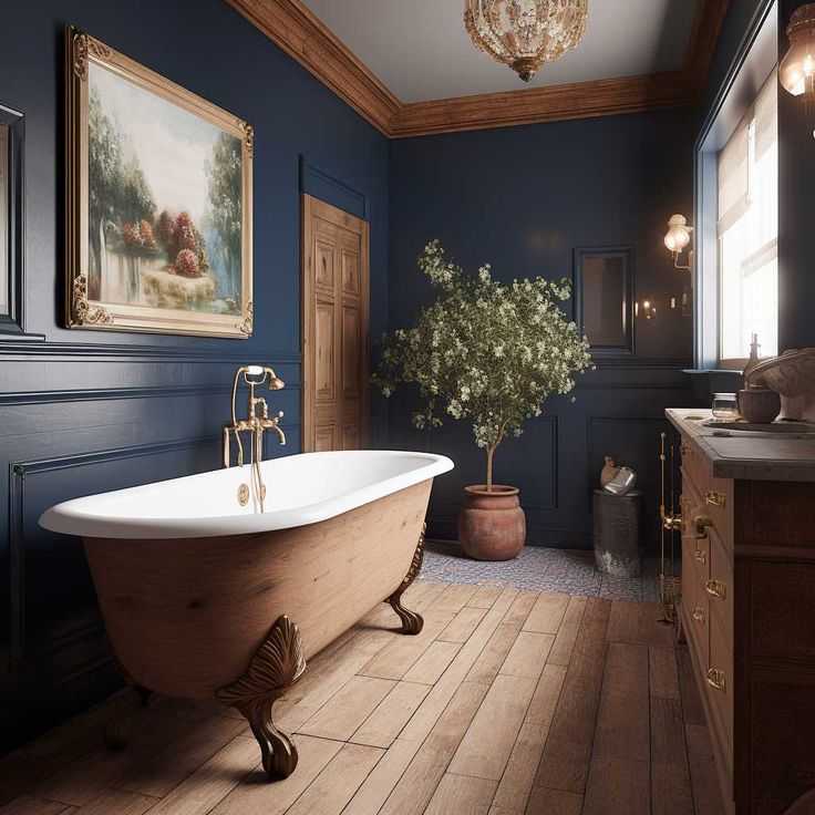A bathroom with wooden floor and bathtub and wooden frame painting
