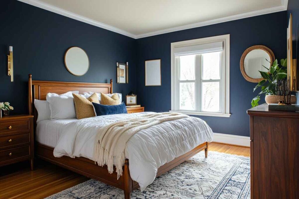 A blue bedroom with white frame windows and wooden floor and rug on it