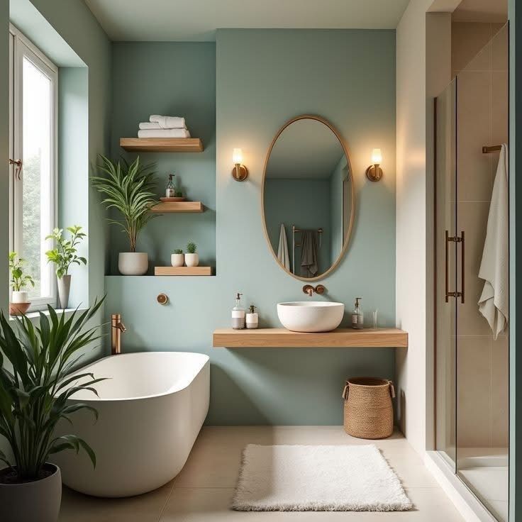 A wooden shelves in green bathroom and white bathtub and rug on the white floor