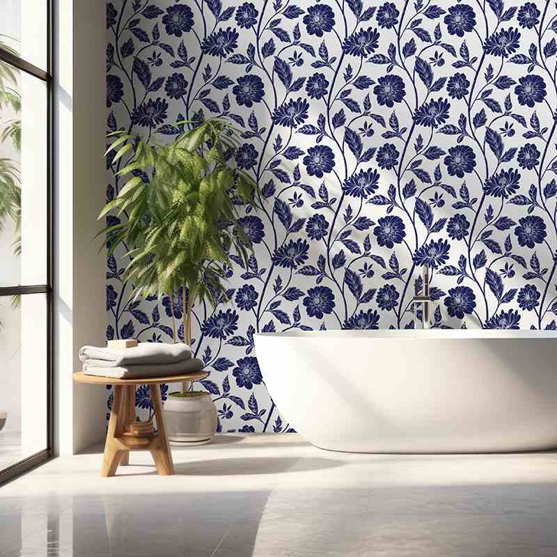 A blue and white floral bathroom with bathtub and white floor
