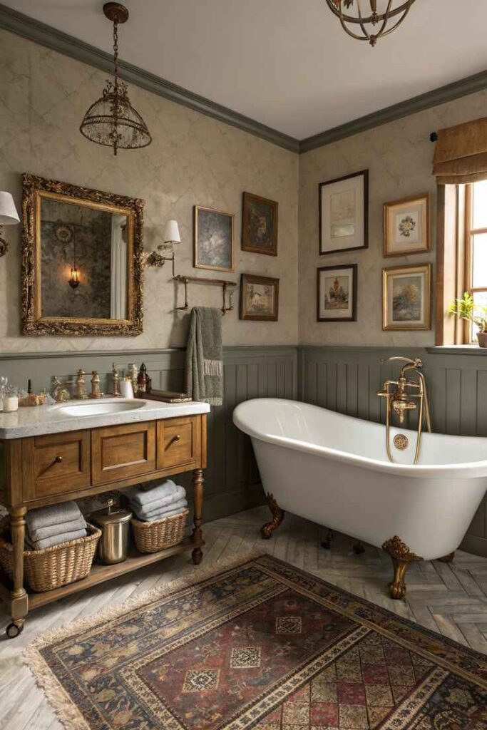 A bathroom with woven basket and white bathroom with gold accents