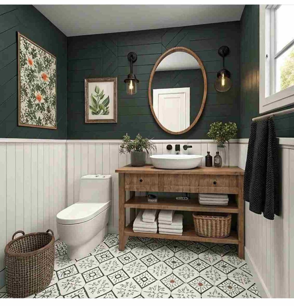A green bathroom with woven basket and wooden vanity