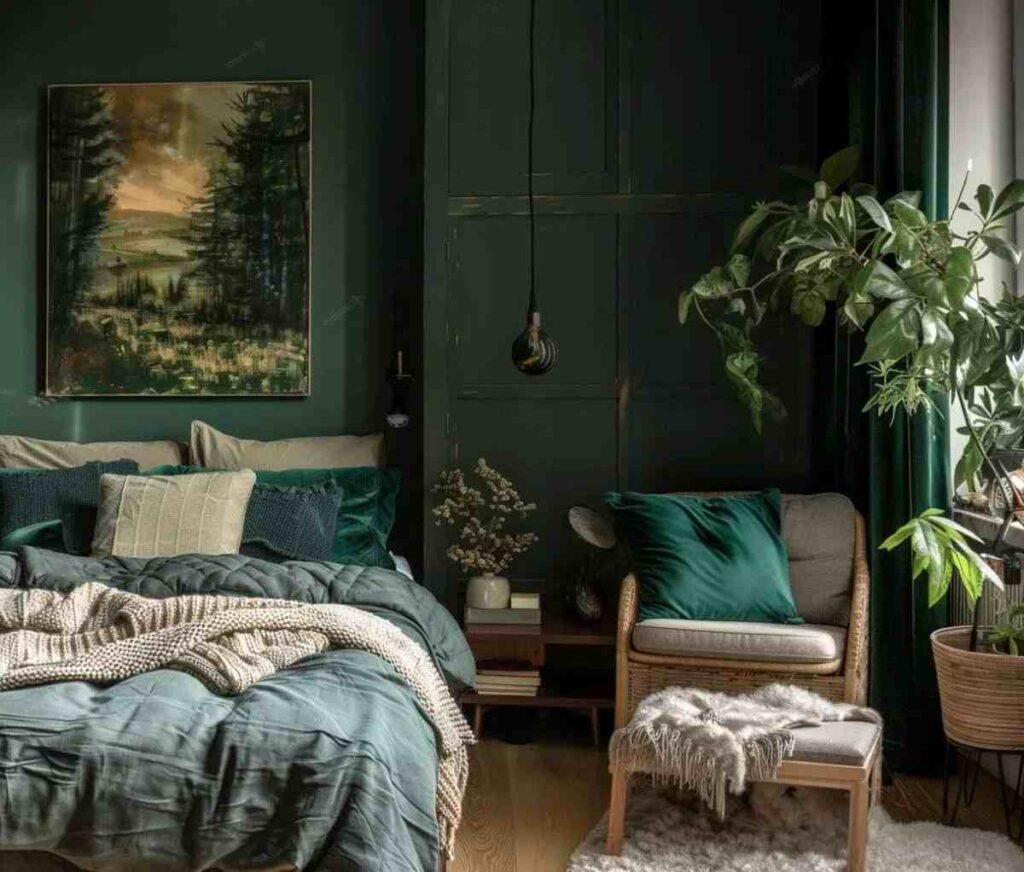 A green bedroom with woven rattan chair with cushion on it 