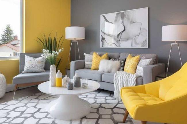 A grey living room with yellow wall and cushion and white grey floor 